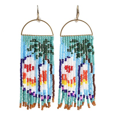 Boho Seed Bead Tree Pattern Tassel Earrings EJEW-Z072-01-1