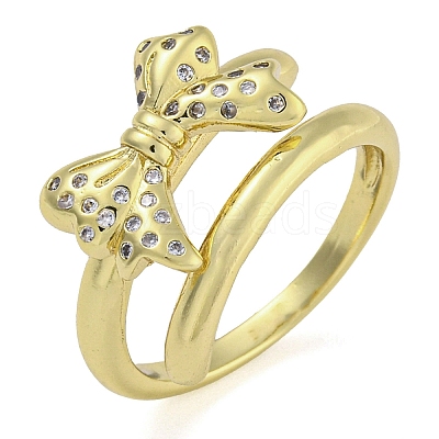 Bowknot Brass Micro Pave Clear Cubic Zirconia Open Cuff Double Rings RJEW-Z046-04G-02-1