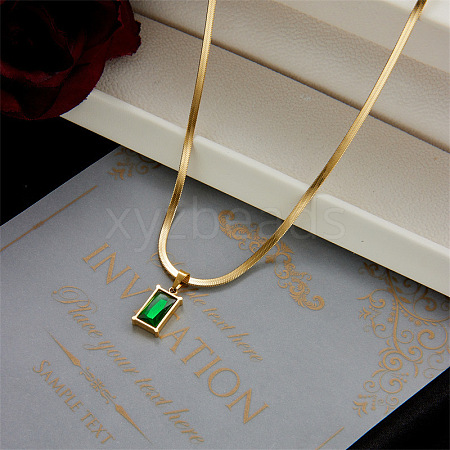 Titanium Steel Green Cubic Zirconia Rectangle Pendant Necklaces for Women WGBD318-01-1