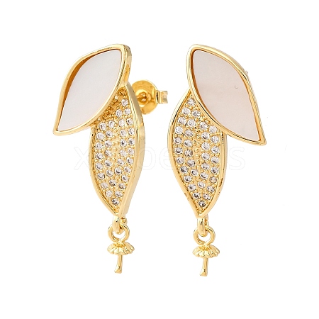 Brass Micro Pave Cubic Zirconia Shell Stud Earrings Findings KK-D363-09G-1