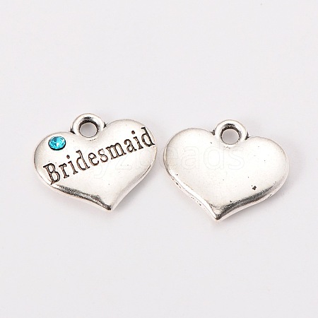 Wedding Theme Antique Silver Tone Tibetan Style Heart with Bridesmaid Rhinestone Charms X-TIBEP-N005-04C-1