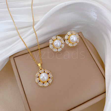 Brass Micro Pave Cubic Zirconia with Plastic Pearl Pendant Necklace & Stud Earrings WG7AC39-140-1