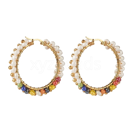 Glass Beads Braided Big Hoop Earrings EJEW-JE04848-05-1