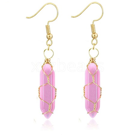 Pink Aventurine Hexagon Handmade Copper Wire Wrapped Earrings Natural Stone Column Earrings ND6138-7-1