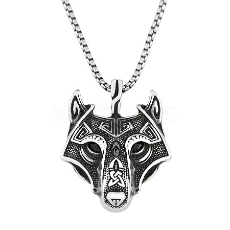 304 Stainless Steel Rhinestone Viking Wolf Head Pendant Necklaces FS-WGCFA8E-02-1