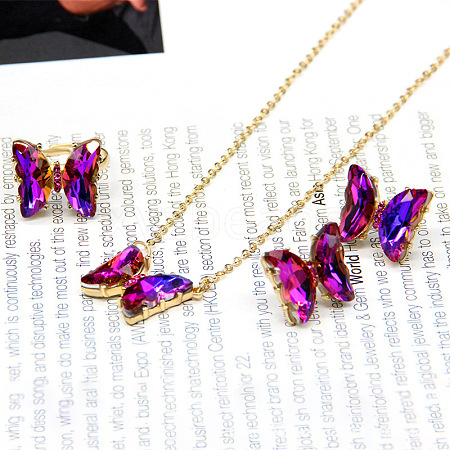 Butterfly Alloy Glass Pendant Necklaces & Stud Earrings & Rings Sets for Women WG31995-19-1