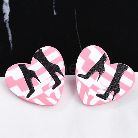 Heart Acrylic Printed Stud Earrings for Women EJEW-G418-01A-1