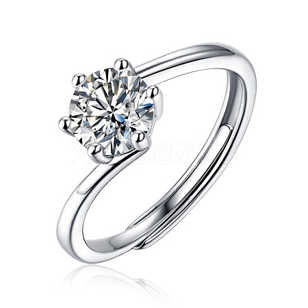 Rhodium Plated 925 Sterling Silver Moissanite Rhinestone Adjustable Rings for Women AJEW-U007-24P-1