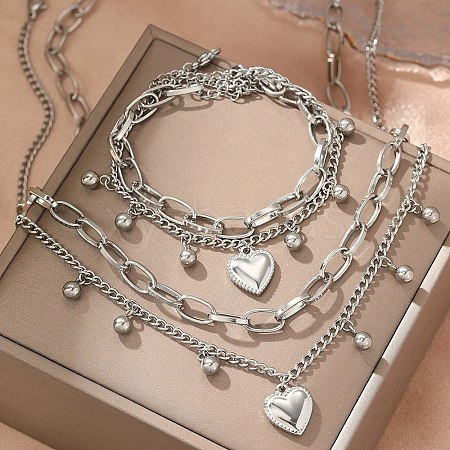 Heart 304 Stainless Steel Double Necklaces & Bracelets Sets for Women SJEW-F226-03P-1