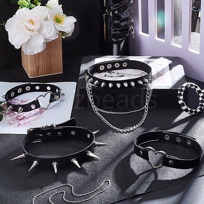 4Pcs 4 Styles Gothic Style Spiked Rivet Imitation Leather Chocker Necklaces NJEW-CL0001-19-1