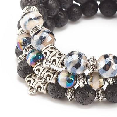 3Pcs 3 Style Natural Lava Rock & Tibetan Agate Stretch Bracelet with Alloy Tube Beaded BJEW-JB08322-1