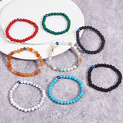 8Pcs 8 Style Natural & Synthetic Mixed Gemstone & Evil Eye Round Beaded Stretch Bracelets Set BJEW-FI0001-48-1