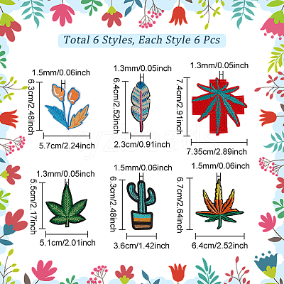 36Pcs 6 Style Polyester Fabrics Computerized Embroidery Cloth Sew on Patches PATC-FG0001-05-1