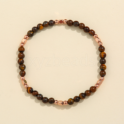 Natural Tiger Eye & Brass Bead Stretch Bracelets for Women HH3302-5-1