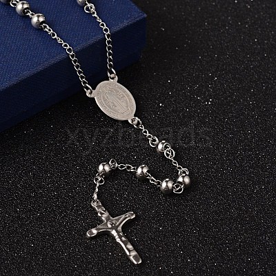 Non-Tarnish Crucifix Cross Stainless Steel Rosary Bead Necklaces X-NJEW-O096-27-1