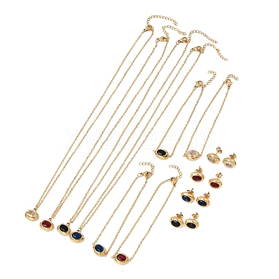 304 Stainless Steel & Cubic Zirconia Stud Earrings & Pendant Necklaces & Link Bracelets Sets SA-CBADCF0-02G-1