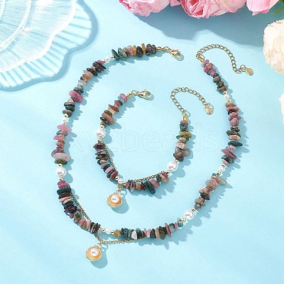 Natural Multicolor Tourmaline Chips Beads Necklaces & Bracelets Sets for Women SJEW-JS01372-02-1