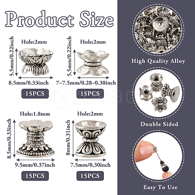60Pcs 4 Styles Tibetan Style Alloy Bead Caps FIND-TA0002-98-1