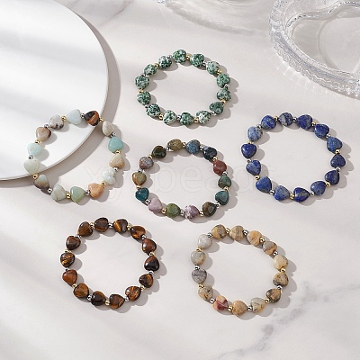 Electroplate Non-magnetic Synthetic Hematite & Natural Gemstone Heart Beads Stretch Bracelets for Women BJEW-JB13447-1