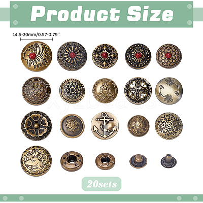 20Pcs 20 Styles Alloy & Brass Snap Buttons BUTT-ME0001-09-1