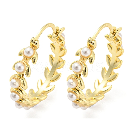 Rack Plating Brass Leaf Wreath Hoop Earrings with Plastic Pearl Beaded EJEW-Q779-05G-1