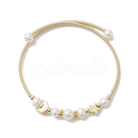 Natural Cultured Freshwater Pearl Bangle with Star Moon Brass Beads BJEW-JB10194-1