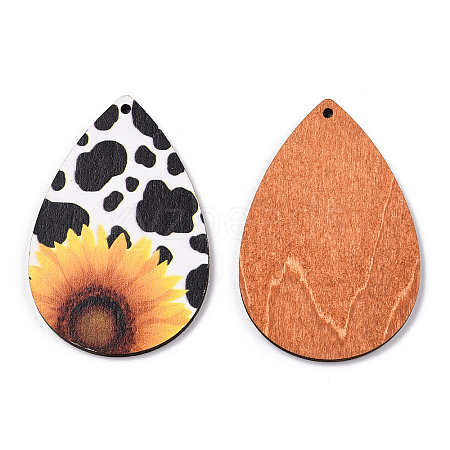 Single Face Sunflower Printed Wood Big Pendants WOOD-TAC0021-01H-1