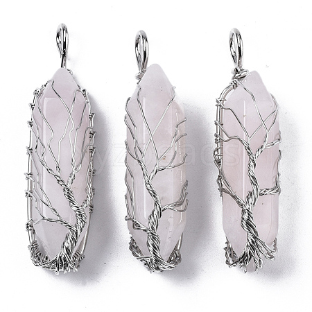 Natural Rose Quartz Big Wire Wrapped Pointed Pendants G-T133-P02G-1