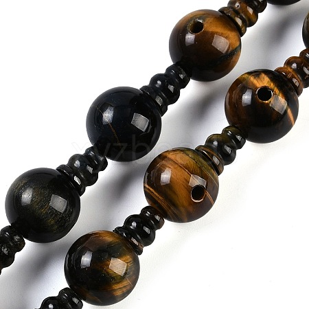 Natural Yellow Tiger Eye & Dyed Blue Tiger Eye 3-Hole Guru Beads Strands G-H064-E05-04A-1