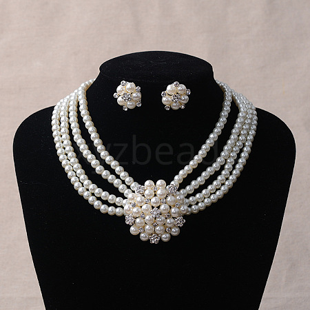 Flower Alloy Crystal Rhinestone & Plastic Pearl Multi-layer Necklace & Stud Earrings Sets for Women WGAF3FB-02-1