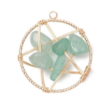 Natural Green Aventurine Nuggets Copper Wire Wrapped Flat Round Pendants PALLOY-JF03038-04-1