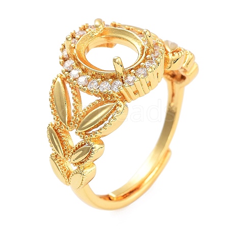 Rack Plating Leaf & Oval Brass Micro Pave Cubic Zirconia Adjustable Ring Components KK-Q819-09G-1