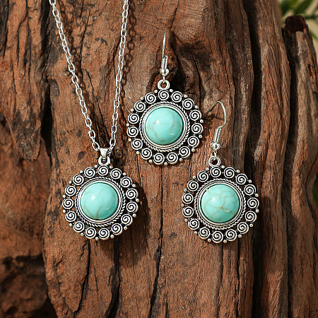 Bohemian Style Zinc Alloy & Synthetic Turquoise Pendant Necklaces & Dangle Earrings Sets WG40DB6-07-1