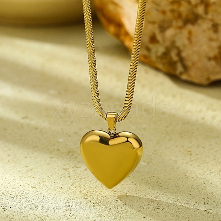 304 Stainless Steel Heart Pendant Flat Snake Chain Necklaces for Women NJEW-U012-01G-1