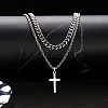 Stainless Steel Hollow Out Cross Pendant Double Layer Necklace with Cable Chains for Men Women PW-WG88E37-02-1