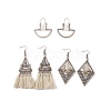3 Pairs 3 Style Half Ring & Triangle & Rhombus Cotton Braided Dangle Earrings and Hoop Earrings with Wood Beads EJEW-P200-02R-1