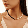 Natural Black Obsidian & Shell Pearl Round Beaded Necklaces NJEW-L125-006G-3