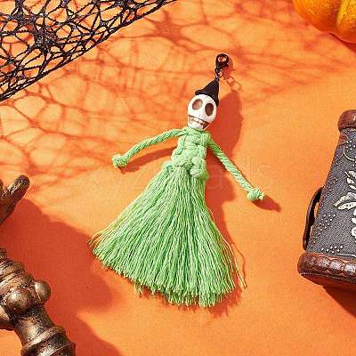 Halloween Cotton Threads Tassel & Synthetic Turquoise Skull Pendant Decorations HJEW-JM03757-1