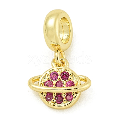 Rack Plating Brass Pave Hot Pink Cubic Zirconia Planet European Dangle Charms KK-Z067-37G-1