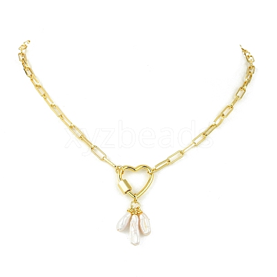 Natural Baroque Keshi Pearl Stick Pendant Brass Paperclip Chain Necklaces with Heart Clasps NJEW-JN06125-1