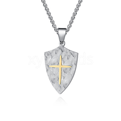 Duo Tone 304 Stainless Steel Cross Shield Pendant Necklaces for Men WGF217A-01-1