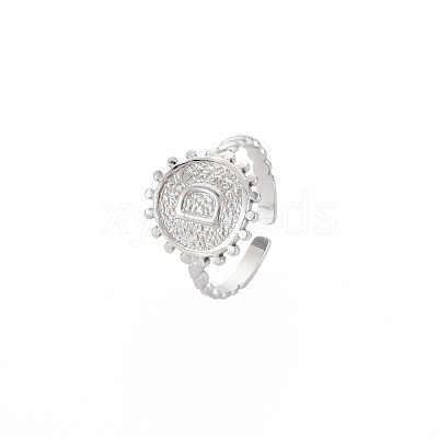 Non-Tarnish 304 Stainless Steel Flat Round with Initial Letter Open Cuff Ring for Men Women RJEW-S405-246P-D-1