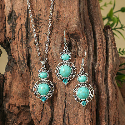 Bohemian Ethnic Style Zinc Alloy & Synthetic Turquoise Pendant Necklaces & Dangle Earrings Sets WG7E01E-05-1