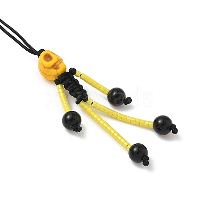 Halloween Theme Skeleton Glass Seed & Natural Black Onyx & Synthetic Turquoise Beaded Pendant Decorations HJEW-MZ00284-03-1