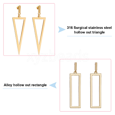 2 Pairs 2 Style 316 Surgical Stainless Steel Hollow Out Triangle & Rectangle Dangle Stud Earrings EJEW-AN0001-86-1