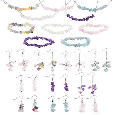 Natural Aquamarine & Amethyst & Quartz Crystal & Rose Quartz & Fluorite Chips Beads Bracelets & Earrings & Necklaces Sets SJEW-FS00008-1