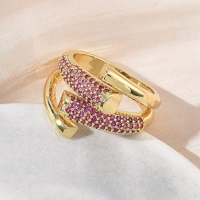Brass Micro Pave Cubic Zirconia Cuff Open Rings for Women RJEW-L343-12G-02-1