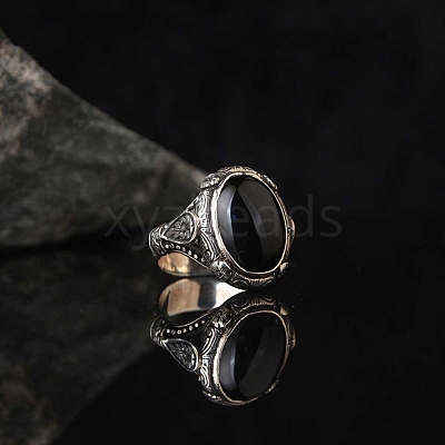 Oval Natural Dyed & Heated Black Agate Finger Rings PW-WG03CB0-02-1