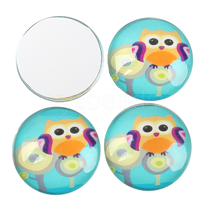 Cartoon Owl Printed Glass Half Round/Dome Cabochons GGLA-N004-10mm-B-1