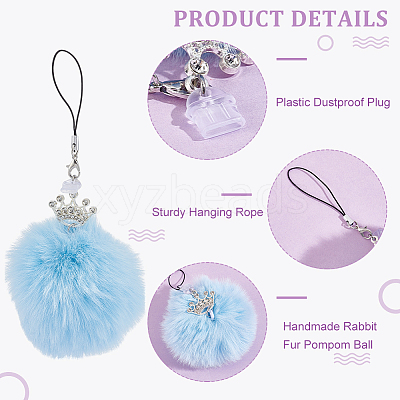 10Pcs Handmade Imitation Rex Rabbit Fur Pompom Ball Mobile Straps HJEW-OC00071-1